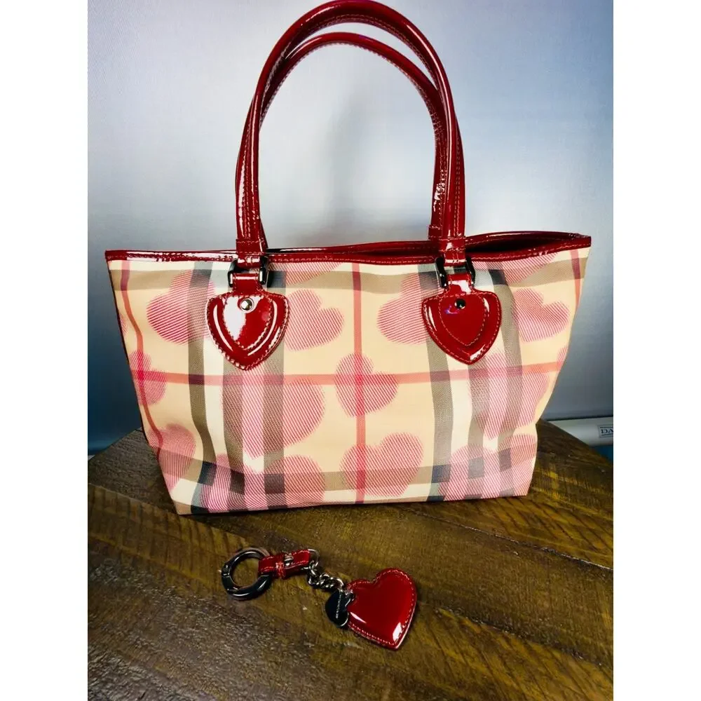 Authentic Burberry Heart Nova Check Tote Bag Coated Canvas Red Patent Trim Charm